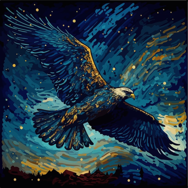 Adler fliegt in den nächtlichen sternenhimmel, bunte vektorillustration, die van goghs stil parodiert