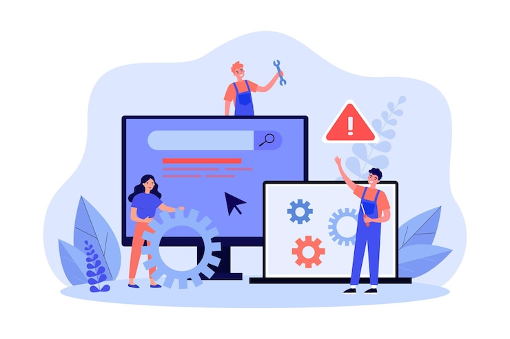 Vektor administratoren, die computerprobleme beheben. winziger männlicher arbeiter des reparaturdienstes mit flacher vektorillustration des schraubenschlüssels. wartung, technischer support des pc-konzepts für banner, website-design oder landing-webseite