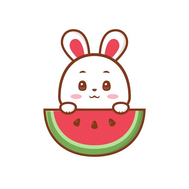 Vektor adorable bunny holding watermelon logo design süßer hasenillustrationsvektor