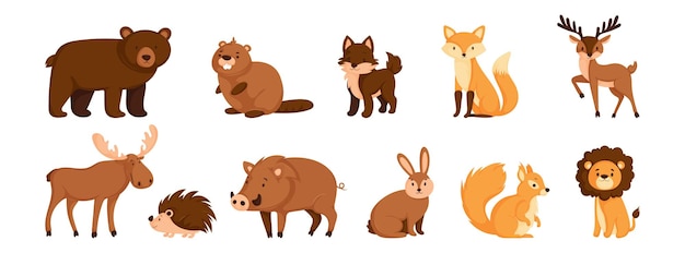 Adorable Cartoon Forest Animals Collection Bär Biber Fuchs Hirsche Elch Stachelschwein Eber Eichhörnchen und Löwe Illustrationen für Stockbilder