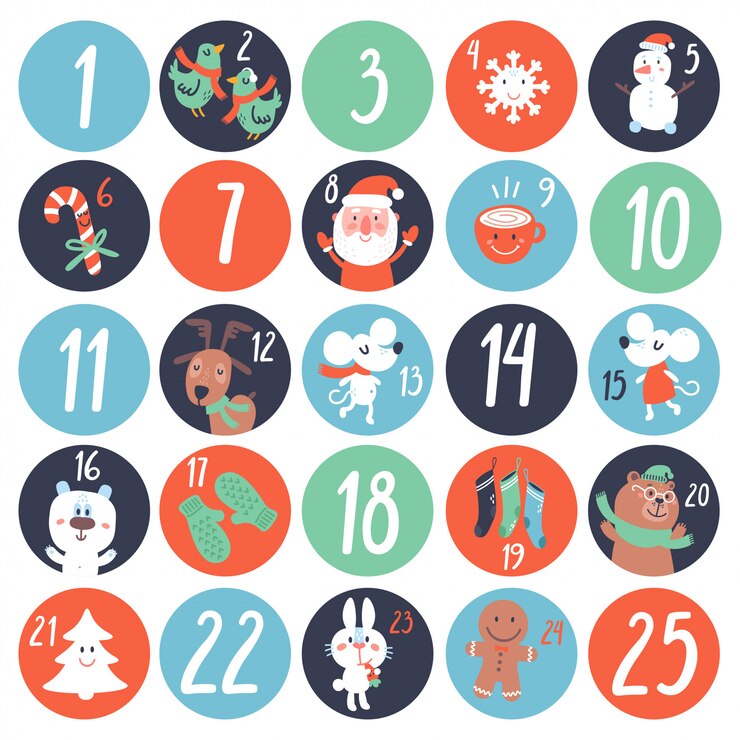 Vektor advent countdown calendar mit zeichentrickfiguren und symbolen.