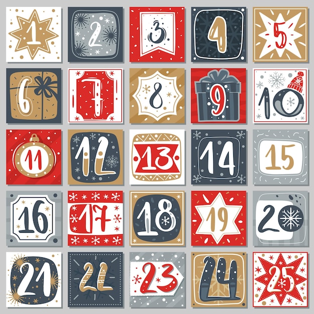 Vektor adventskalender dezember. weihnachtsplakat countdown druckbare tags nummerierte poster mit weihnachtsornament rot, blau und goldfarben, winterpostkartenvektor kreative vorlage
