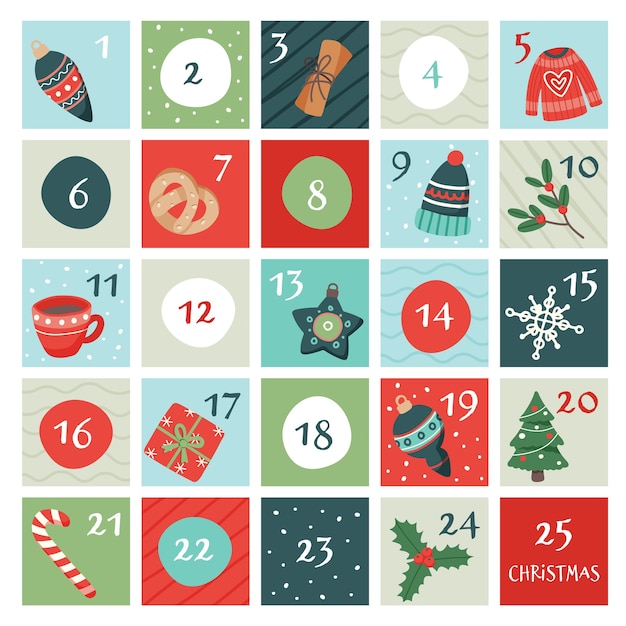 Adventskalender mit Weihnachtselementen.