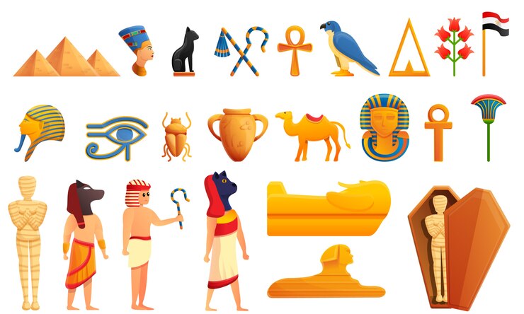 Vektor ägypten-charaktere und ikonen eingestellt, karikaturart
