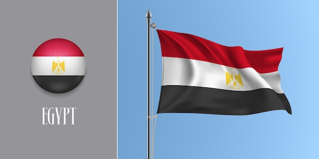 Ägypten, das flagge auf fahnenmast und runder symbolillustration schwenkt