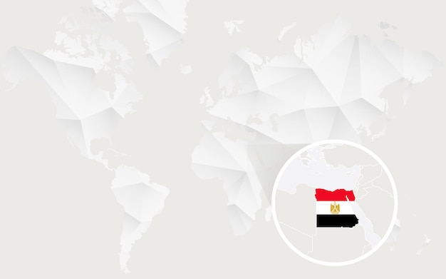 Ägypten-karte mit flagge in kontur auf weißer polygonaler weltkarte