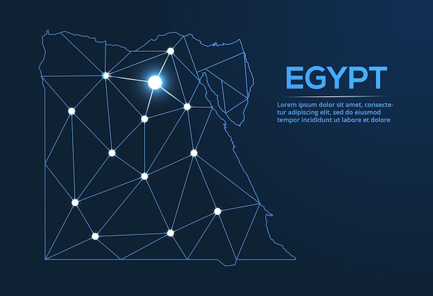 Ägypten-kommunikationsnetzkarte vektor-low-poly-bild einer weltkarte mit lichtern in form von städten karte in form einer konstellation stumm und sterne