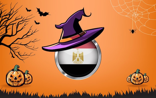 Ägypten runde Flagge mit Happy-Halloween-Banner oder Party-Einladungshintergrund, Fledermäusen, Spinnen und Kürbissen, orangefarbener Hintergrund
