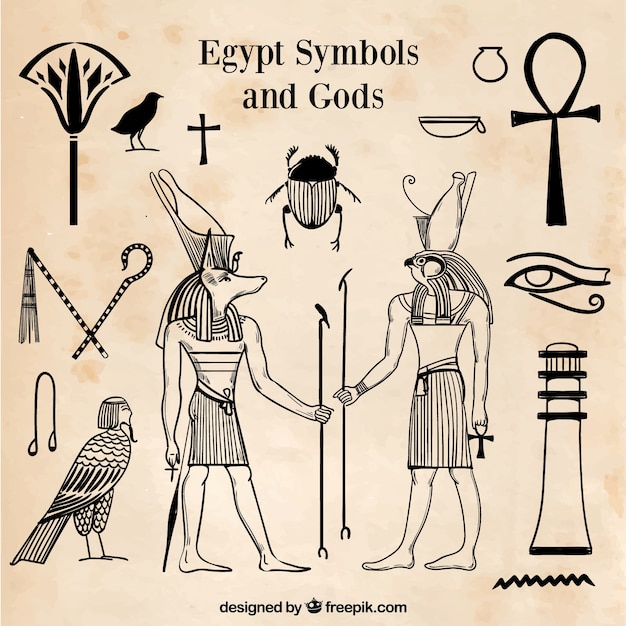 Ägypten-symbole und götter stellten in der hand gezeichnete art ein