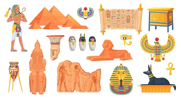 Vektor Ägyptische antike objekte ägypten ruine und geschichte denkmäler ägypter statue stein wahrzeichen pharao pyramide mythos tier sphinx zivilisation geniale vektorillustration der geschichte des alten ägypten