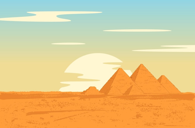 Ägyptische pyramiden sahara wüstenlandschaft vektorillustration im grunge-stil