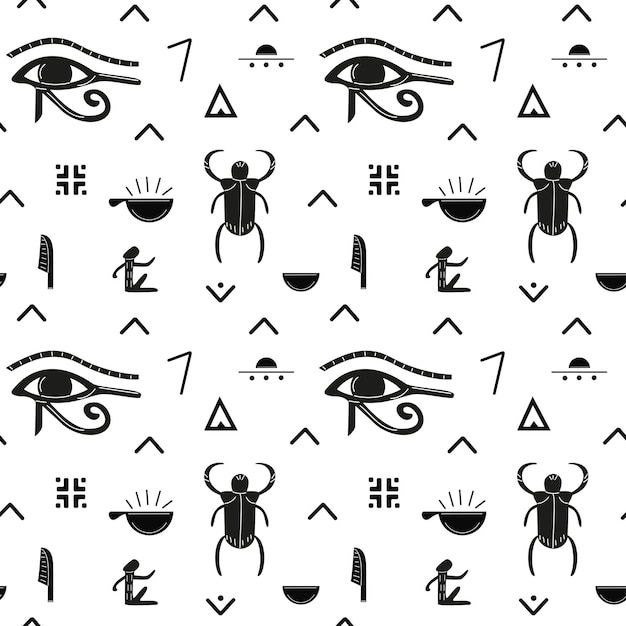 Ägyptische tiere nahtloses vektor-schwarz-weiß-muster mythologische flache ägyptische kreaturen