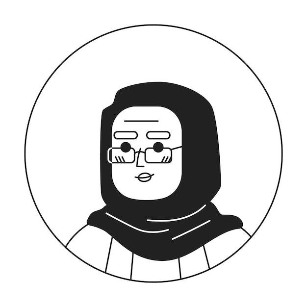 Ältere arabische frau im hijab, monochromer flacher linearer charakterkopf, ernste dame mit brille, editierbare umrisse, handgezeichnetes menschliches gesichtssymbol, 2d-cartoon-spot-vektor-avatar-illustration für animation