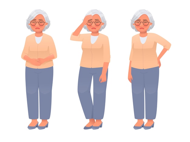 Vektor Ältere frau hat schmerzen kopfschmerzen menopause rückenschmerzen reife frau erlebt symptome von krankheiten