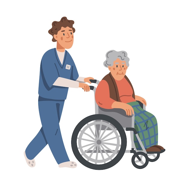 Ältere Frau im Rollstuhl und Krankenpflegerillustration