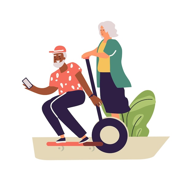Ältere menschen führen einen aktiven lebensstil. alte frau auf dem segway und ein älterer mann auf dem skateboard