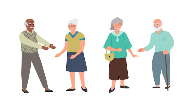 Ältere menschen paare. unterschiedliche ethnische und nationalität. glücklich lächelnde männer und frauen wollen illustration umarmen
