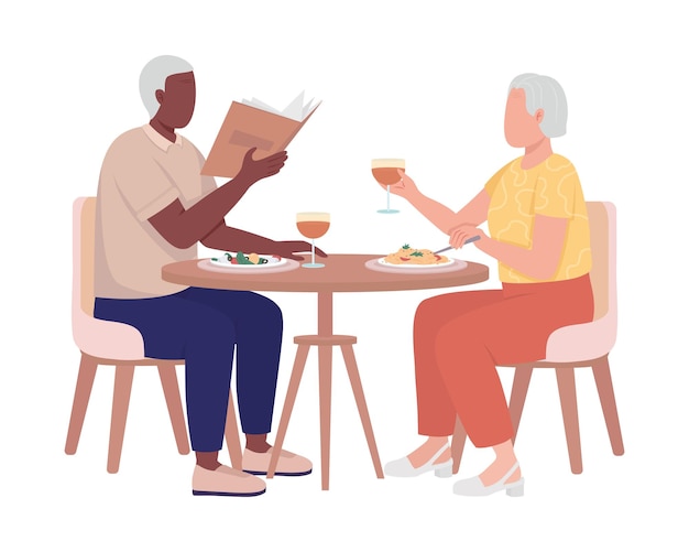 Ältere Paare, die zusammen zu Abend essen Halbflache Farbvektorfiguren Sitzende Figuren Ganzkörper-Menschen auf Weiß Einfache Illustration im Cartoon-Stil für Webgrafikdesign und Animation