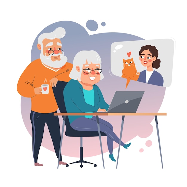 Vektor Ältere paare verwenden laptop, um mit der familie zu kommunizieren alte menschen nutzen computertechnologie