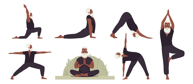 Vektor Älterer alter schwarzer mann macht yoga-pose-sammlung