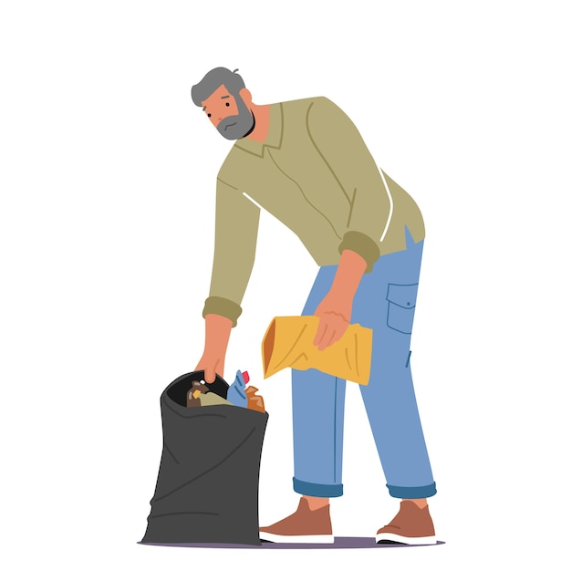 Älterer freiwilliger männlicher charakter, der müll vom boden reinigt. älterer mann sammelt müll, um freiwillige wohltätigkeitsorganisationen zu entlassen