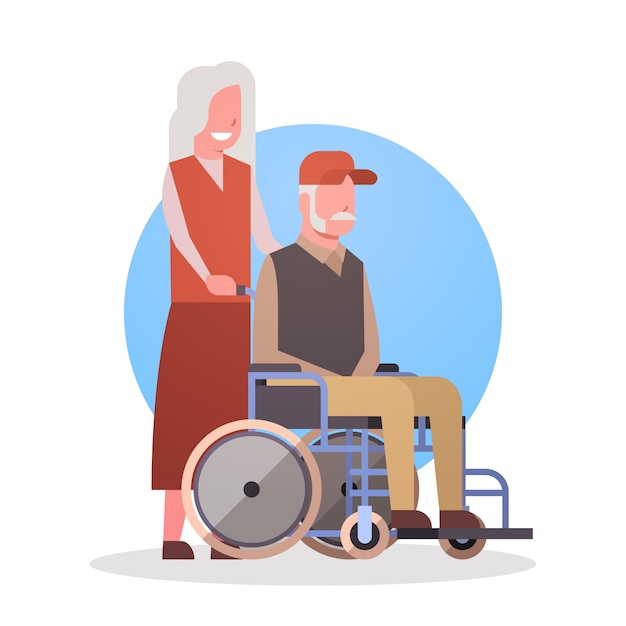 Älterer Mann auf Rad-Stuhl-und Frauen-Paar-Großmutter und Grandfathr Gray Hair Icon