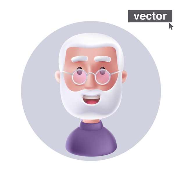 Älterer mann mit silbernem bart und brille avatar lächelnder älterer mann im 3d-stil vektorcharakter
