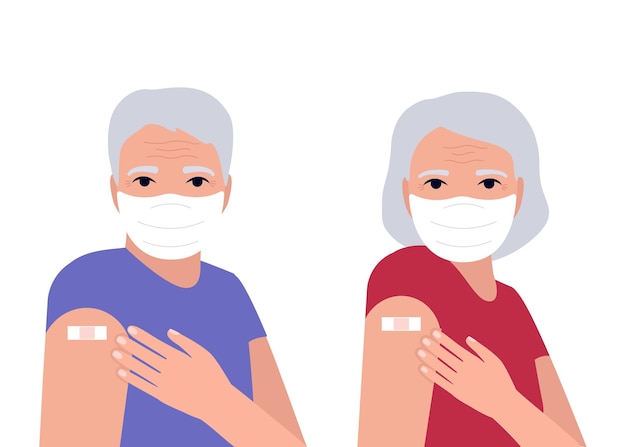 Älterer mann und frau nach immunimpfung zeigen hand mit pflaster schutzhand mit verband
