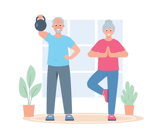 Vektor Älteres ehepaar aus mann und frau, das zu hause übungen macht ältere menschen aktiver, gesunder lebensstil