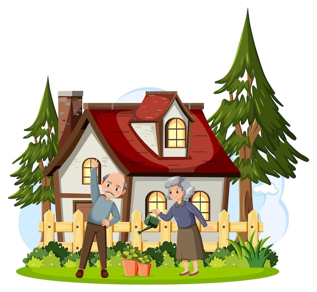 Älteres ehepaar im garten auf weißem hintergrund PremiumVektor