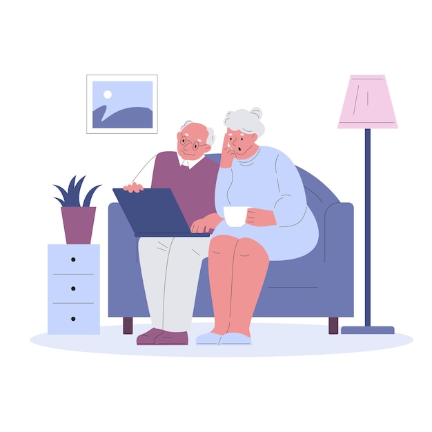 Älteres Ehepaar mit Laptop auf der Couch. Vektorillustration in einem flachen Stil.
