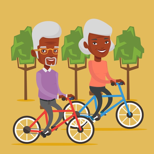 Älteres paar, das auf fahrrädern im park reitet