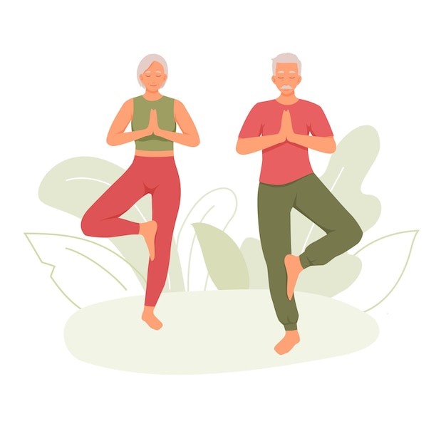 Älteres Paar macht gemeinsam Asanas. Männliche und weibliche Figuren stehen in Baumhaltung und balancieren beim Yoga. Lächelnde Senioren machen Yoga. Gleichgewichts- und Meditationsübungen im Freien