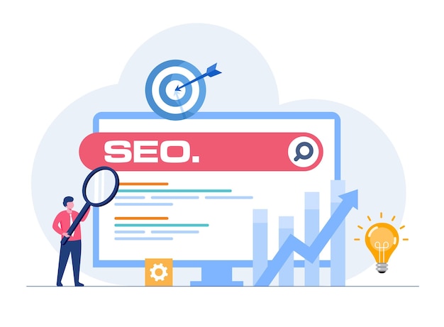 Ändern sie die seo-ranking-position suchbildschirmseite mit lupe vektor-illustration flacher designstil seo search engine optimization top ranking concept flat vector