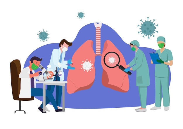 Ärzte erkennen eine infektion mit dem mikroskop, um den patienten vor dem behandlungskonzept der corona-pneumonie zu retten