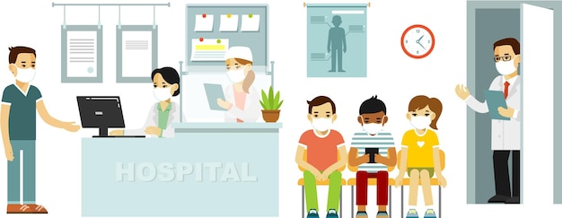 Ärzte und Patienten in Schutzmasken an der Krankenhausrezeption