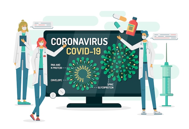 Ärzte zeigen die interne Struktur des Coronavirus auf einem Fernseher oder Computermonitor