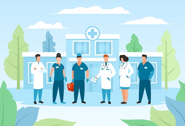 Ärztegruppe im Krankenhaus, Illustration des Gesundheitswesens, medizinischer Charakter des Karikaturpersonals in Uniform, Teammedizinleute