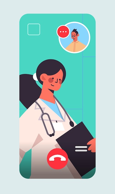 Ärztin berät männliche patientin während videoanruf online-beratung gesundheitsmedizin konzept smartphone bildschirm vertikal