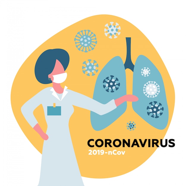 Ärztin mit medizinischer gesichtsmaske zeigt coronavirus cov in der lunge. gesundheits- und medizinkonzept. flache illustration.