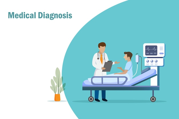 Ärztliche diagnose und beratung des patienten im krankenhausbett medizinische krankenversicherung