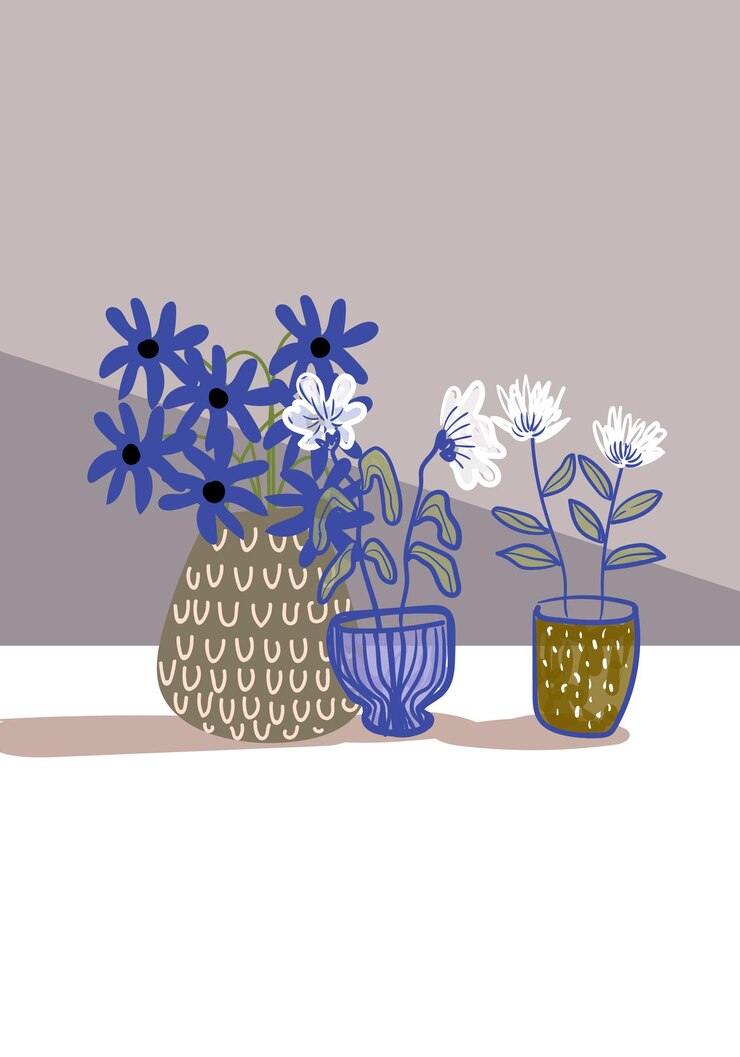 Vektor ästhetische blumen auf einer vase, handgezeichnete vektorillustration, blumen und pflanzen, kunstdruck-coverkarten