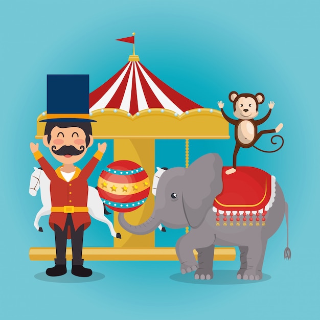 Affe und elefant bei der zirkusshow