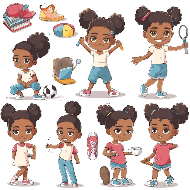 African_american_girl_doing_different_activities_vector