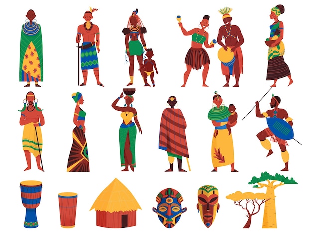 Vektor afrika-satz von isolierten symbolen und menschlichen charakteren von schwarzen in traditionellen kostümen mit maskenvektorillustration