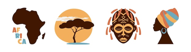 Vektor afrika und safari-elemente und symbole logo-design-vektorvorlage afrika-karte afrikanische stammesmaske