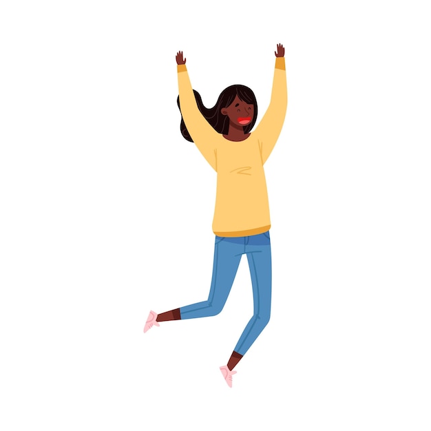 Afrikanisch-amerikanisches Teenager-Mädchen in Casual-Sweater und Jeans springt mit erhobenen Händen Vektorillustration