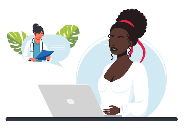 Afrikanische Frau erhält Online-Arztkonsultation zu Hause. Arzt empfiehlt Medikamente per Videolink. Live-Chat. Der Patient trifft sich über die Laptop-Anwendung mit einem Online-Arzt. Vektor-Illustration