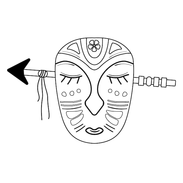 Afrikanische Holzmaske mit einem Pfeil, der den Kopf durchbohrt