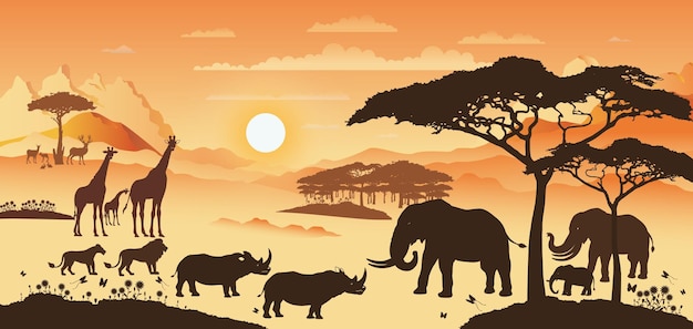 Vektor afrikanische landschaft mit silhouetten von wildtieren bei sonnenuntergang oder sonnenondergang